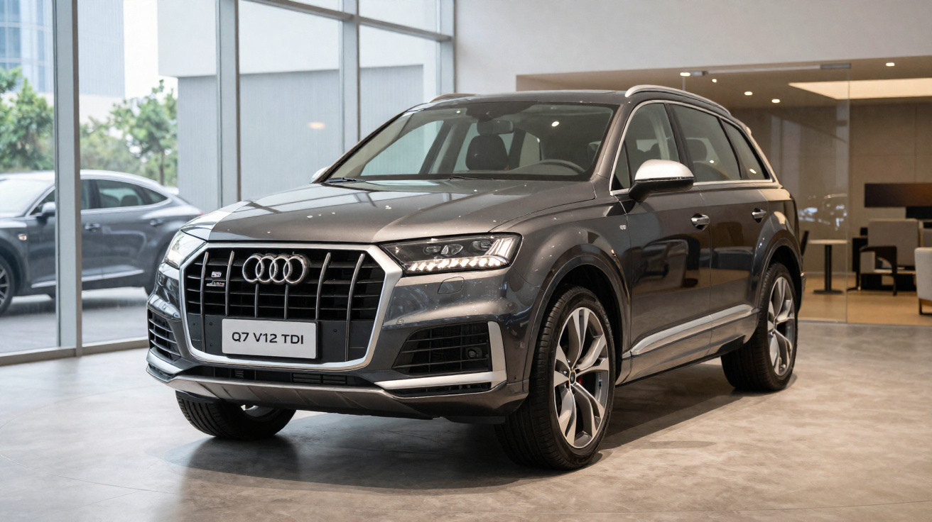 SUV Audi Q7 V12 TDI cinza estacionado em showroom moderno com piso cinza e grandes janelas.