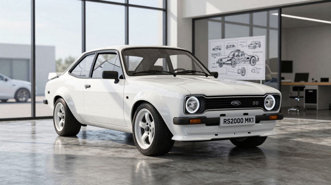 Carro esportivo branco modelo clássico RS2000 MK1 estacionado em garagem com paredes de vidro.