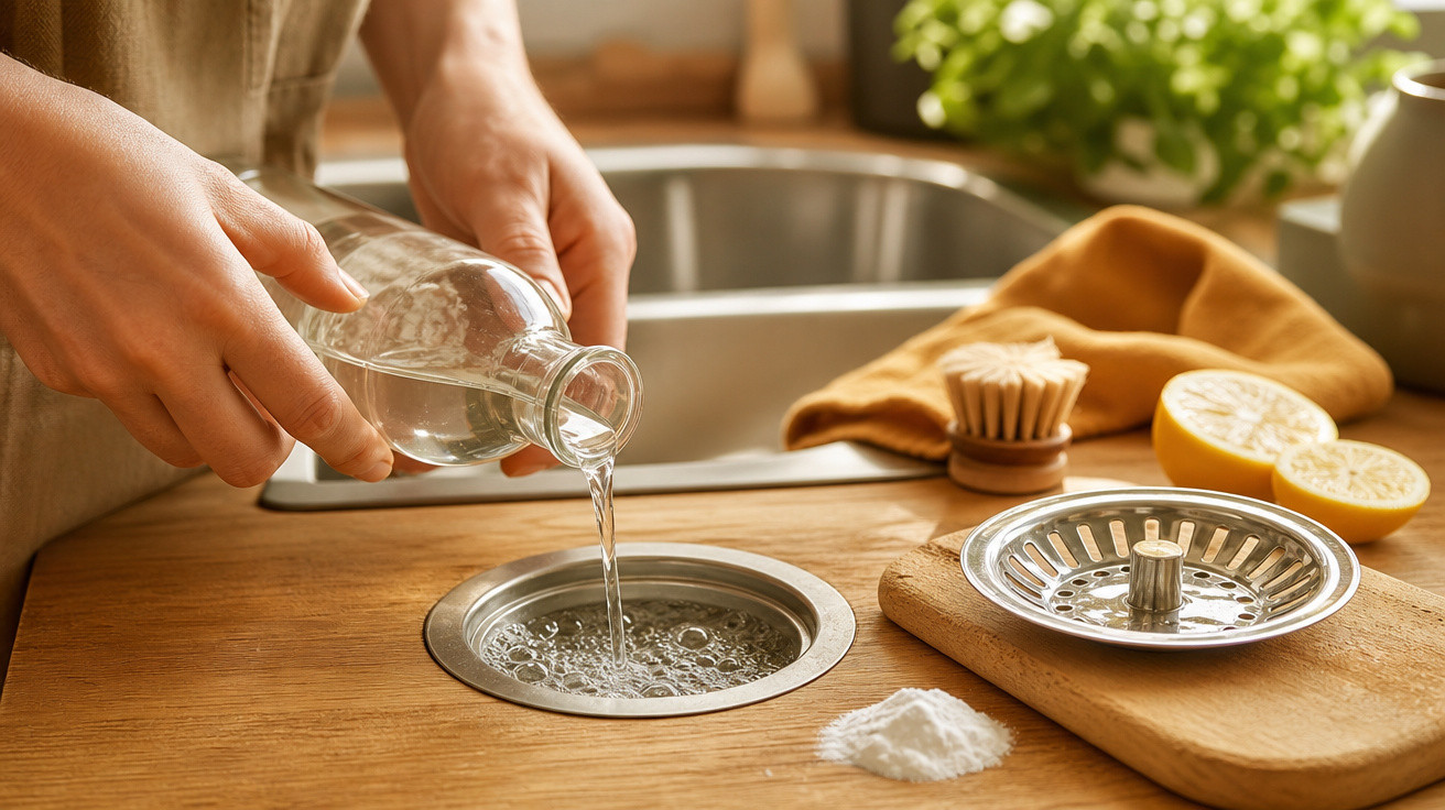 Pessoa despejando líquido em ralo de pia de cozinha com limpador natural e utensílios ao redor.