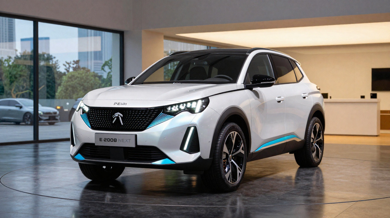 Carro elétrico Peugeot E-2008 Next branco estacionado em showroom moderno com teto contrastante preto.