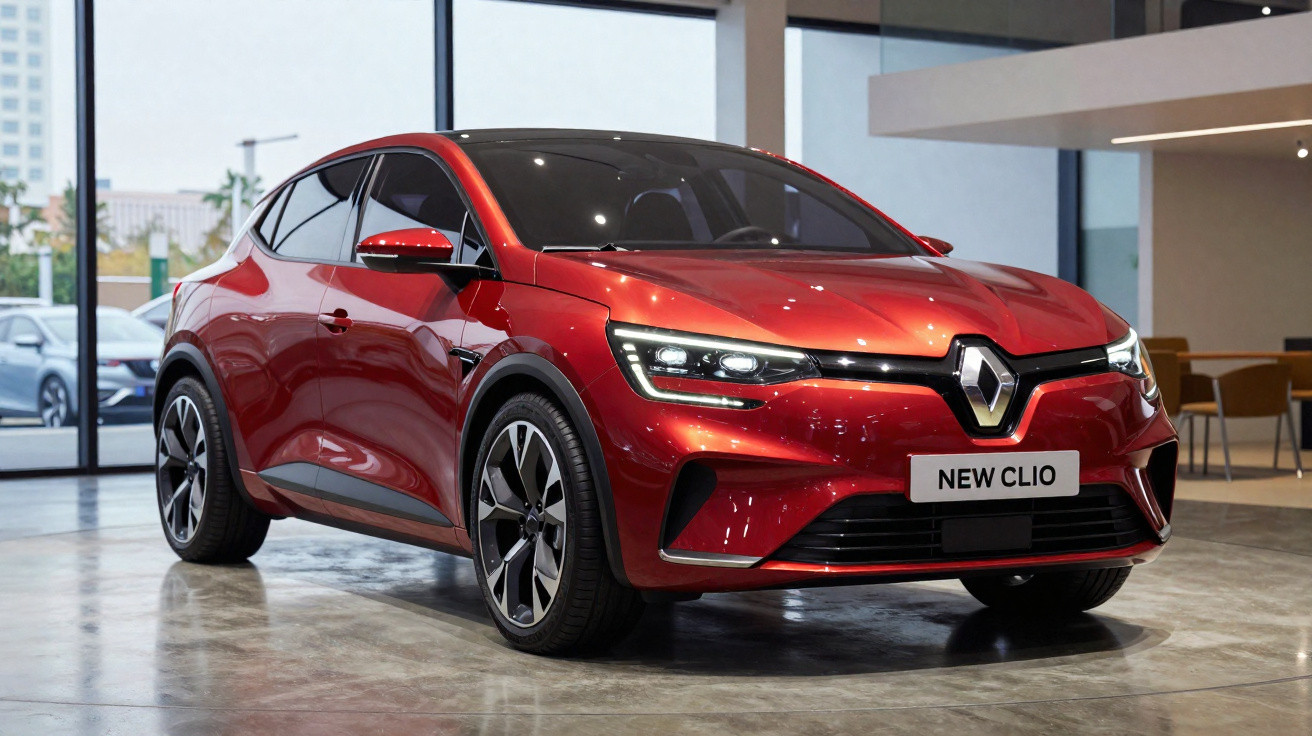 Carro vermelho Renault New Clio exibido em showroom com iluminação interna e piso refletivo.