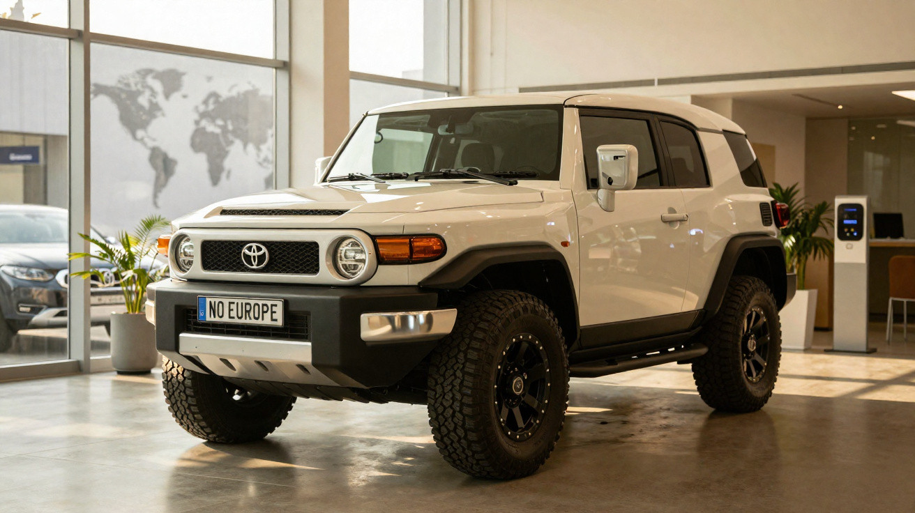 SUV branco Toyota estacionado em showroom com placa personalizada escrito NO EUROPE.