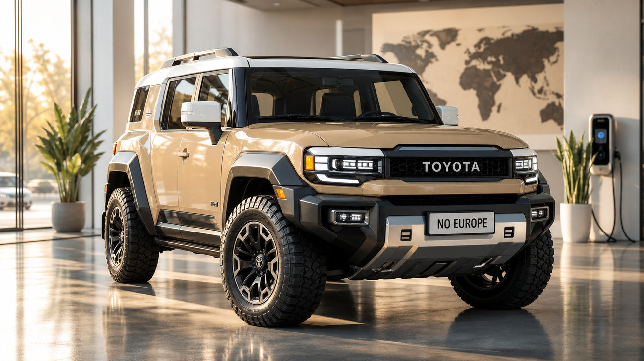 Carro SUV Toyota bege estacionado em ambiente interno moderno com parede decorada por mapa-múndi.