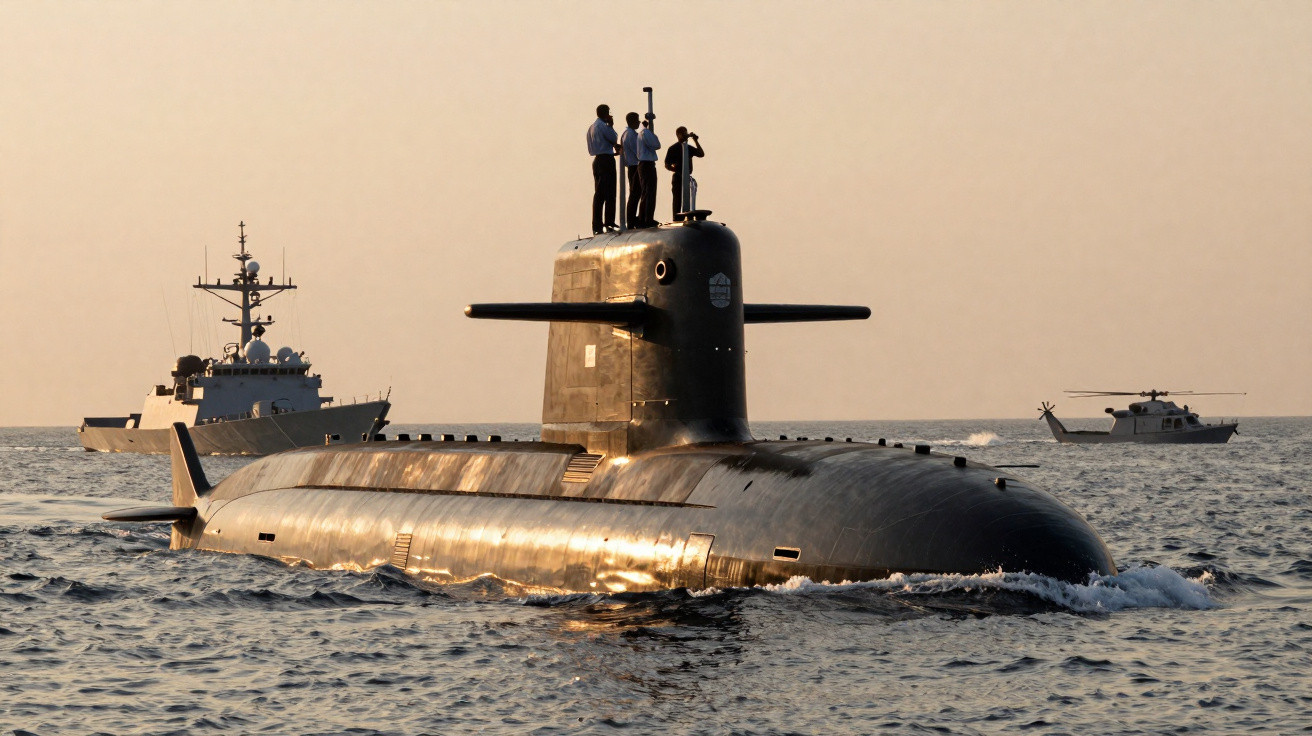 Submarino com tripulantes no convés, navio de guerra e helicóptero ao fundo ao entardecer no mar.