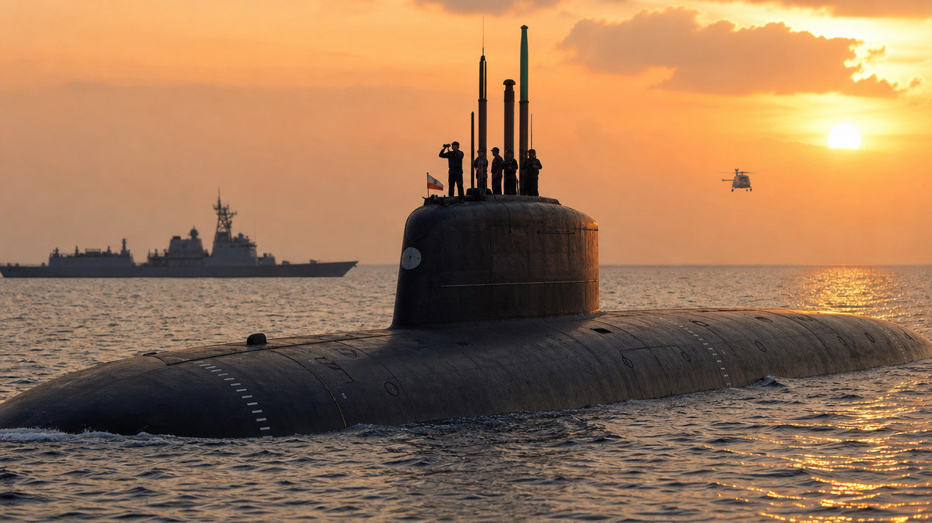 Submarino com tripulação na torre emergindo ao pôr do sol, navio de guerra e helicóptero ao fundo.