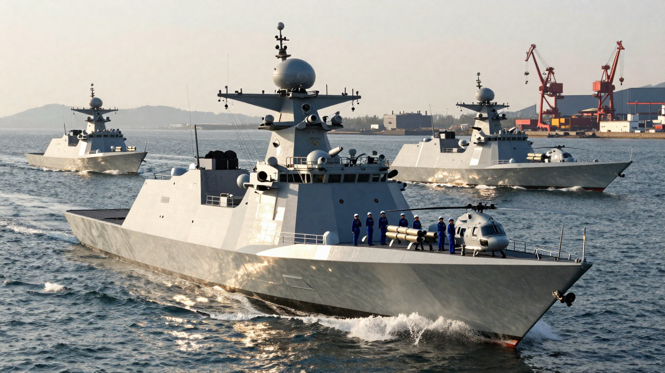 Três navios de guerra cinza navegando juntos, com tripulantes e um helicóptero no convés do navio à frente.