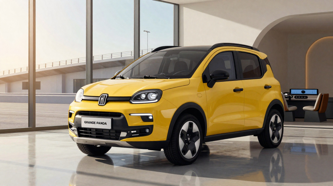 Carro Fiat Grande Panda amarelo estacionado em ambiente interno com grandes janelas e móveis modernos ao fundo.