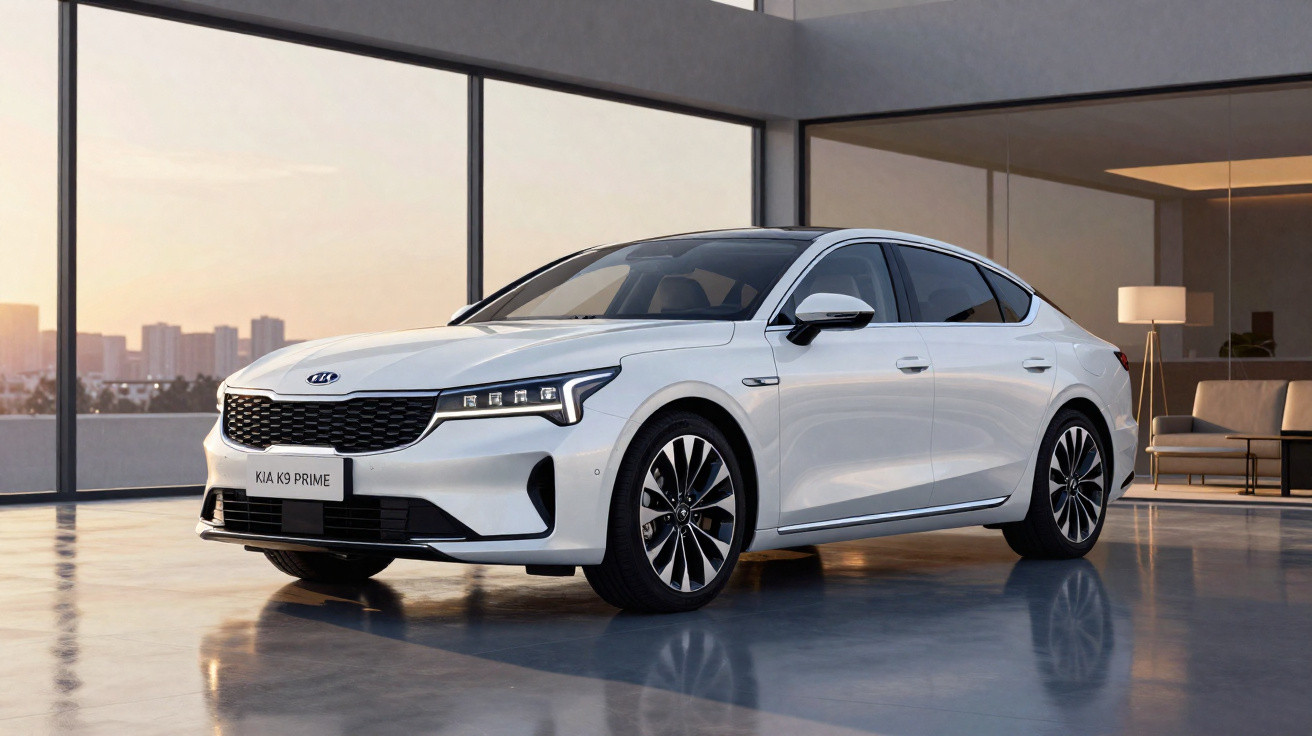 Carro branco Kia K9 Prime estacionado em ambiente moderno com janelas grandes e vista urbana ao entardecer.