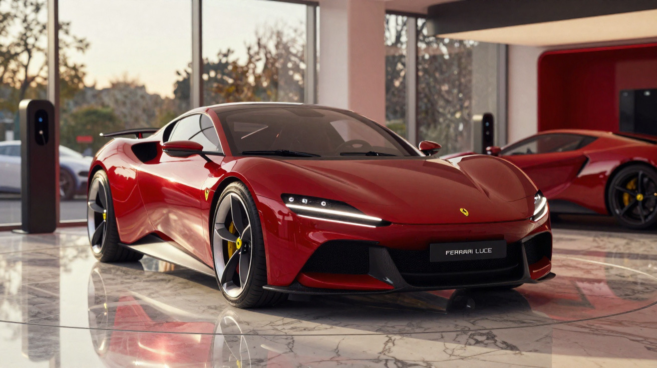 Carro esportivo vermelho Ferrari Luce em exposição com piso de mármore e iluminação natural.
