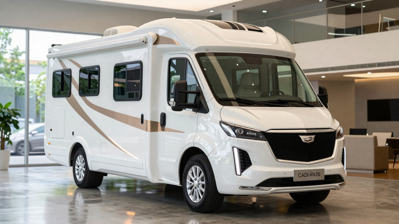 Motorhome branco moderno com detalhes em bege estacionado em ambiente interno, vista frontal e lateral direita.