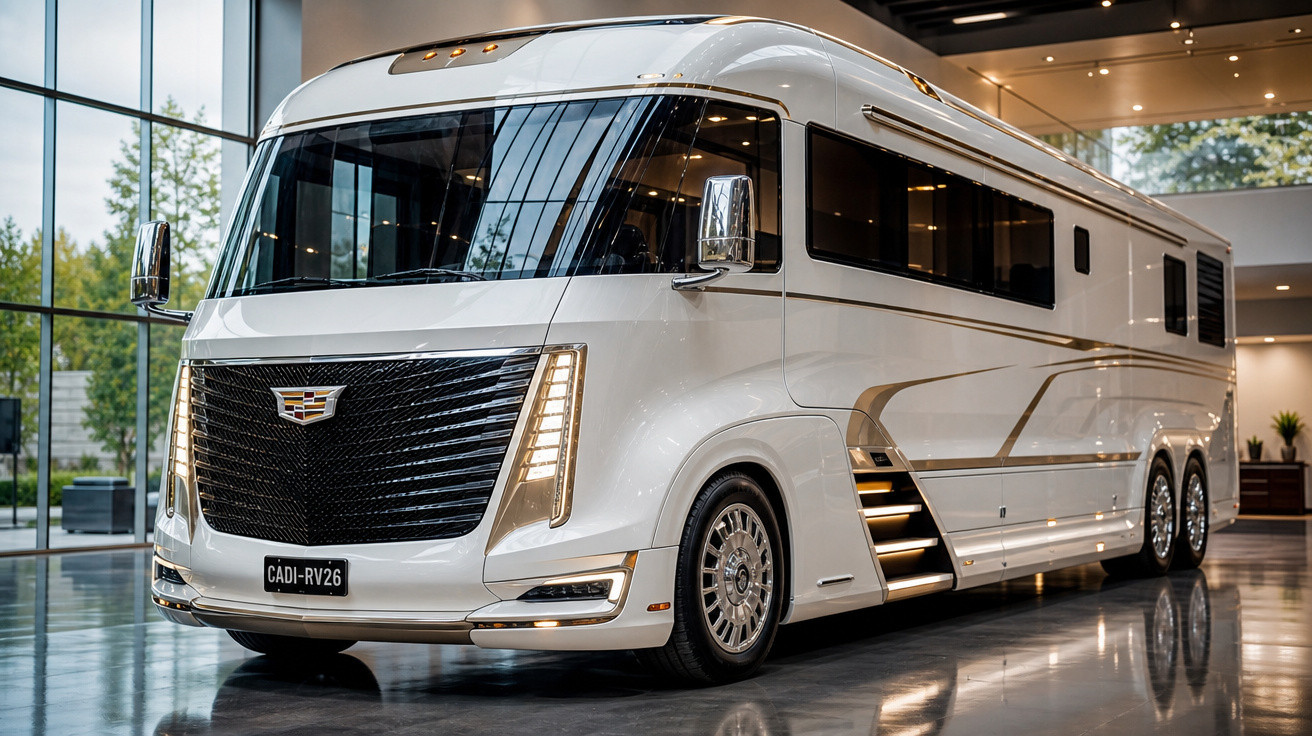 Motorhome branco de luxo Cadillac CADI-RV26 exibido em ambiente interno moderno.