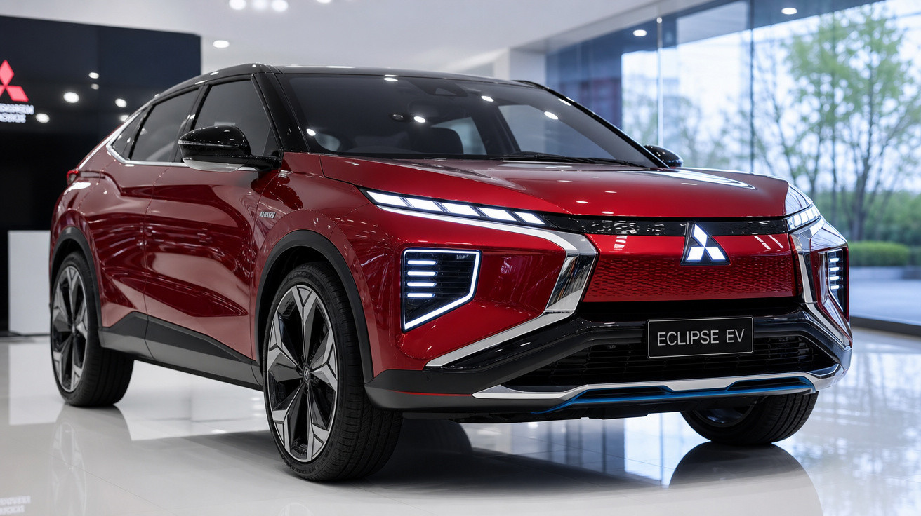 Carro elétrico vermelho Mitsubishi Eclipse EV exibido em ambiente interno moderno.