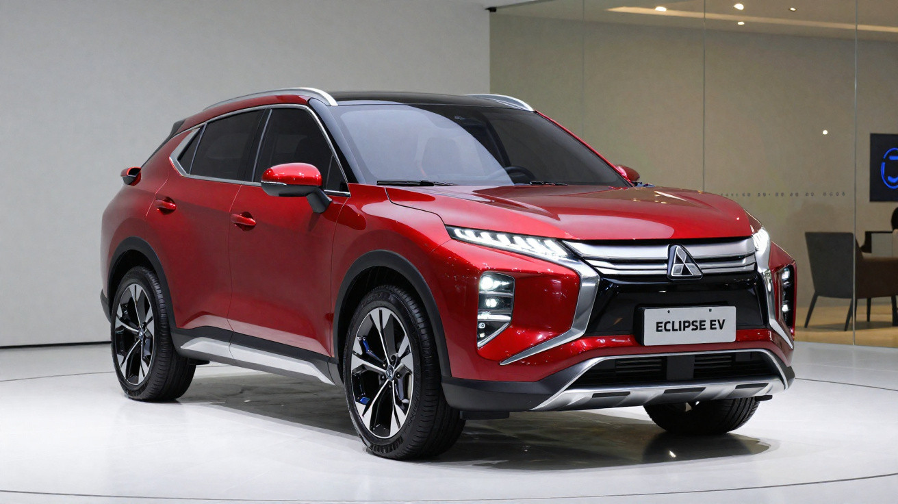 SUV elétrico Mitsubishi Eclipse EV vermelho em exposição em ambiente interno moderno.
