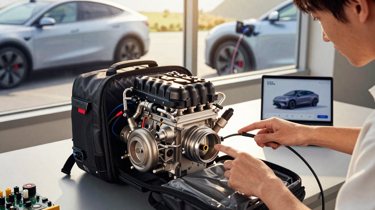 Pessoa montando um motor de carro elétrico portátil em mesa com computador e carros ao fundo.
