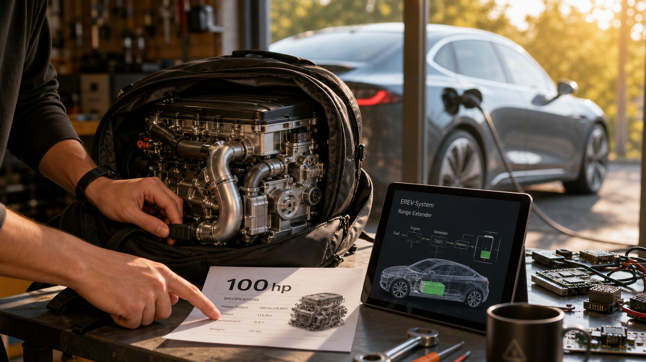 Pessoa apontando para especificações técnicas de motor portátil, com carro elétrico e tablet ao fundo.