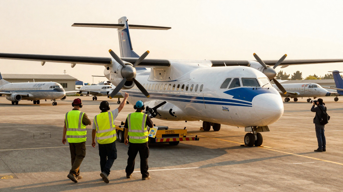 Funcionários de aeroporto em coletes refletores caminhando próximos a avião turboélice estacionado no pátio.