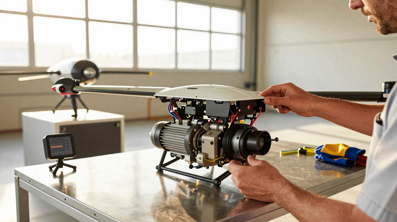 Pessoa ajustando motor de grande drone branco sobre mesa em ambiente industrial iluminado.