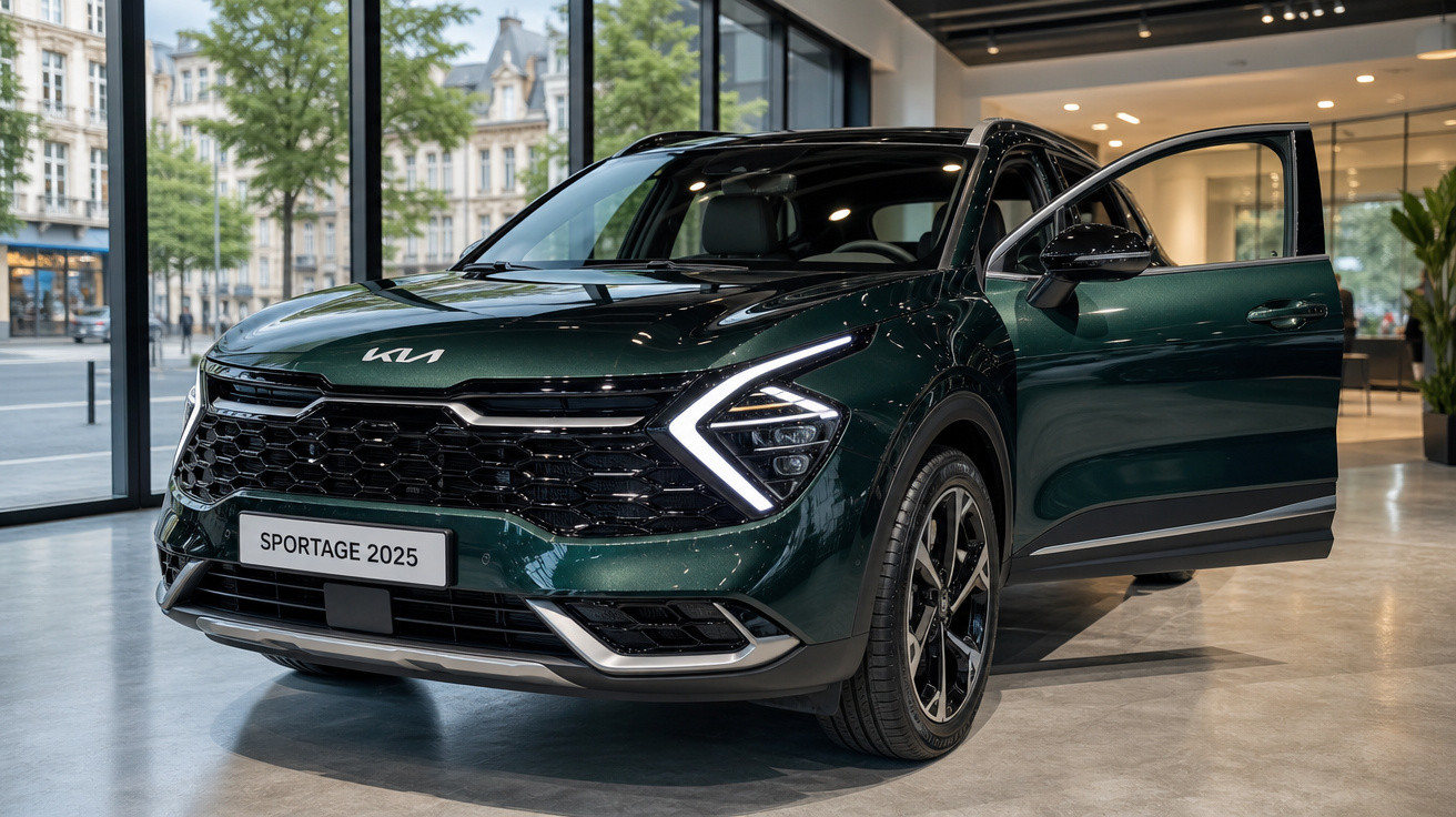 Carro Kia Sportage 2025 verde escuro em exibição com porta dianteira aberta em showroom moderno.