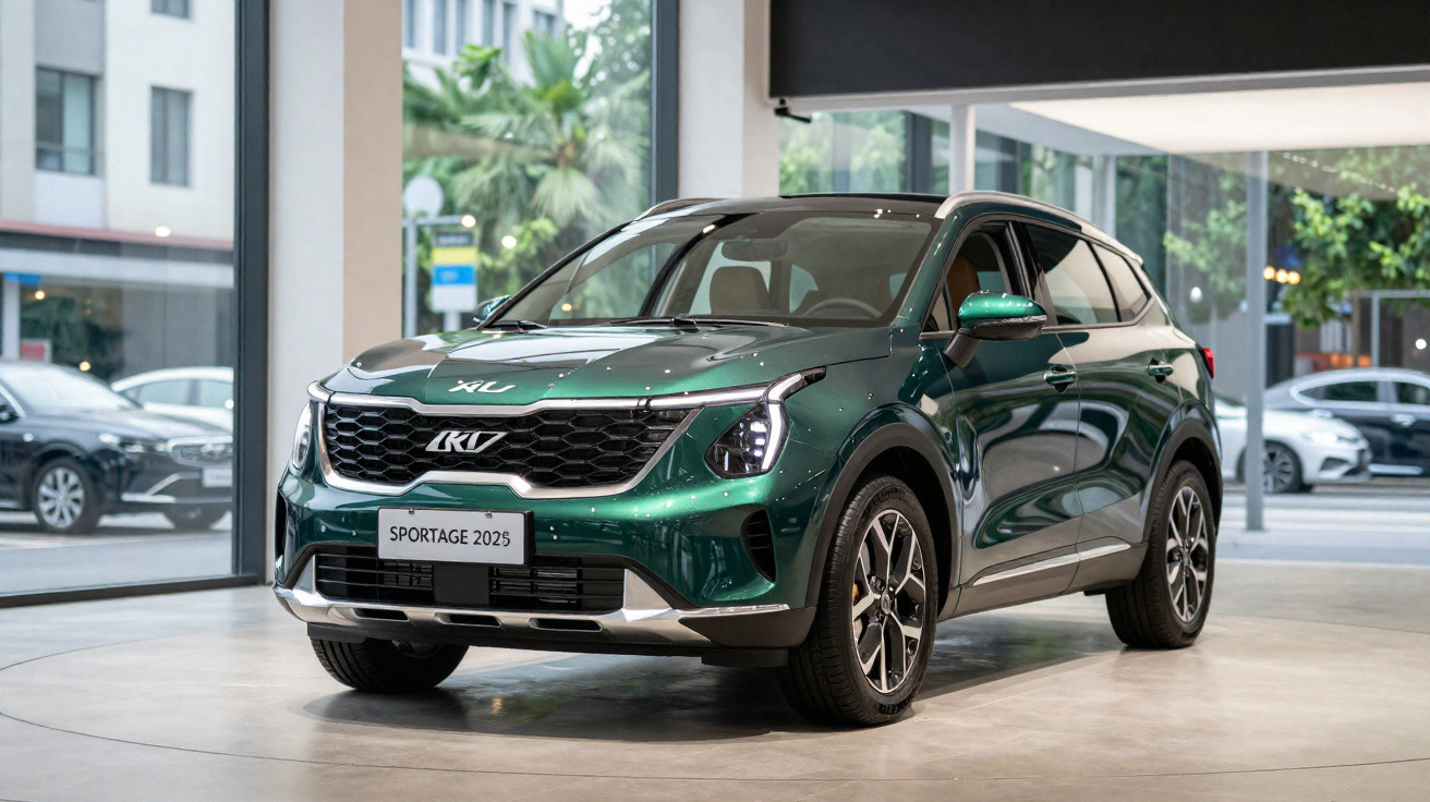 Carro SUV verde Kia Sportage 2025 em exposição interna com iluminação natural e piso cinza.