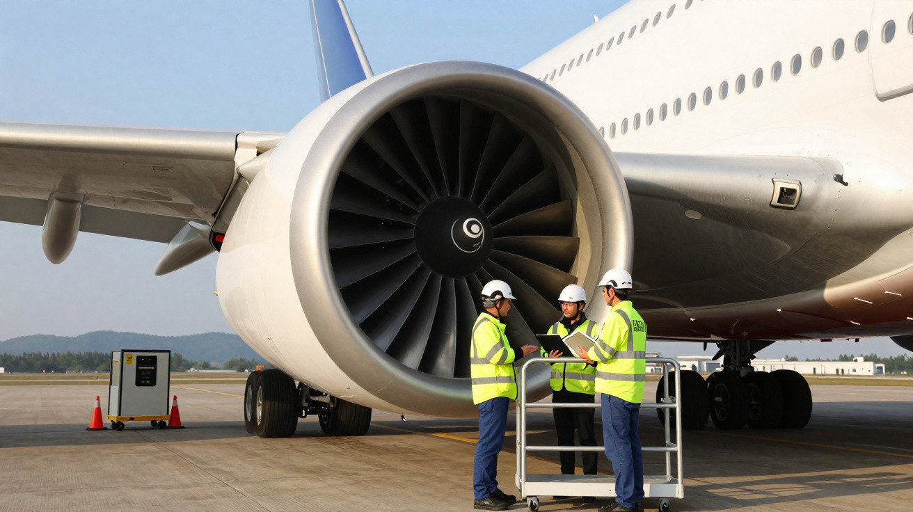Três técnicos em coletes e capacetes revisam documentos ao lado do motor de um avião estacionado no aeroporto.