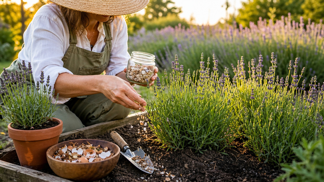 Pessoa com chapéu cuidando de plantas de lavanda em jardim, espalhando cascas de ovos no solo.