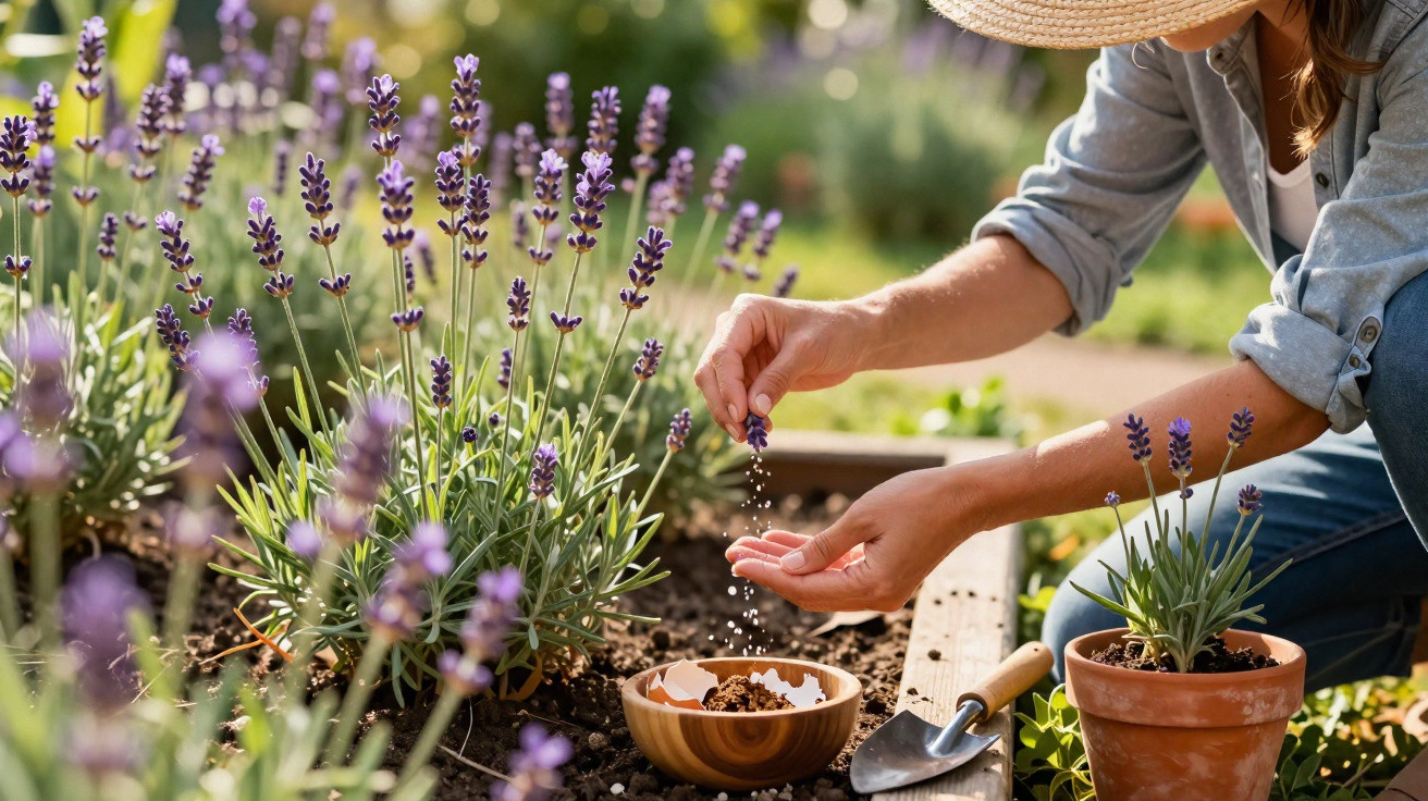 Pessoa cultivando lavanda em jardim e plantando muda em vaso de barro com pá de jardinagem ao lado.