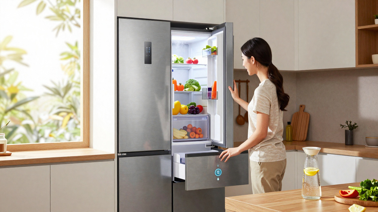 Mulher abrindo geladeira moderna inox cheia de frutas e verduras em cozinha clara e iluminada.