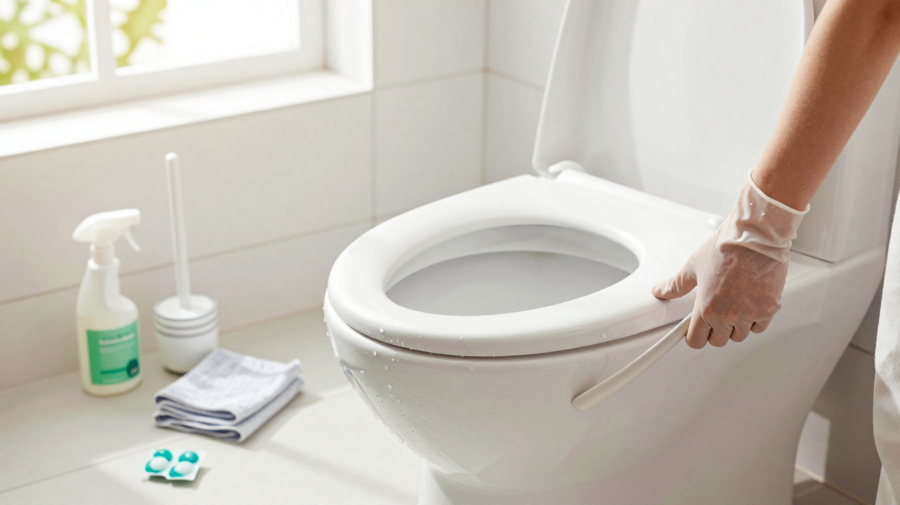 Pessoa limpando vaso sanitário branco com luvas e escova, ao lado produtos e pano de limpeza.
