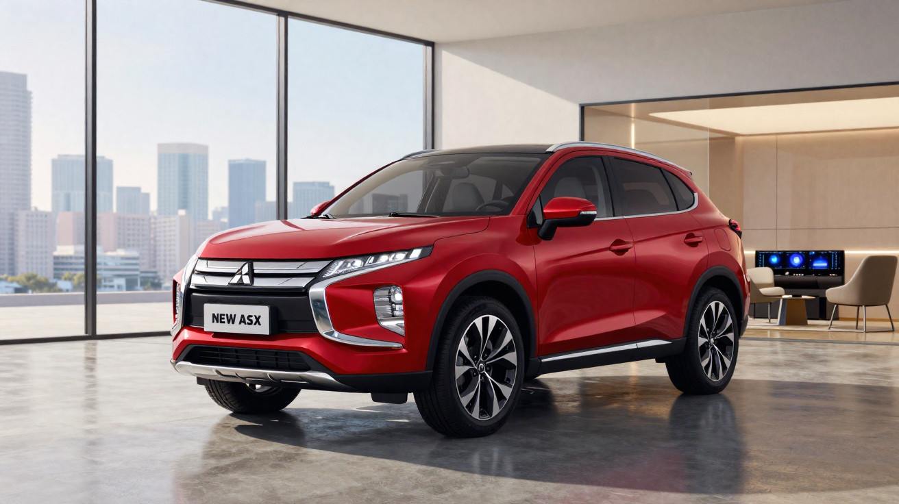 SUV vermelho Mitsubishi New ASX estacionado em ambiente interno moderno com janelas grandes.