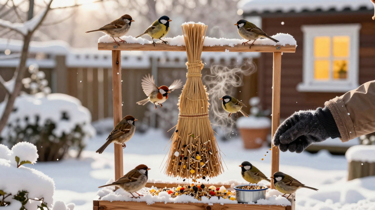 Pássaros alimentando-se em comedouro de inverno com neve e mão com luva colocando sementes.