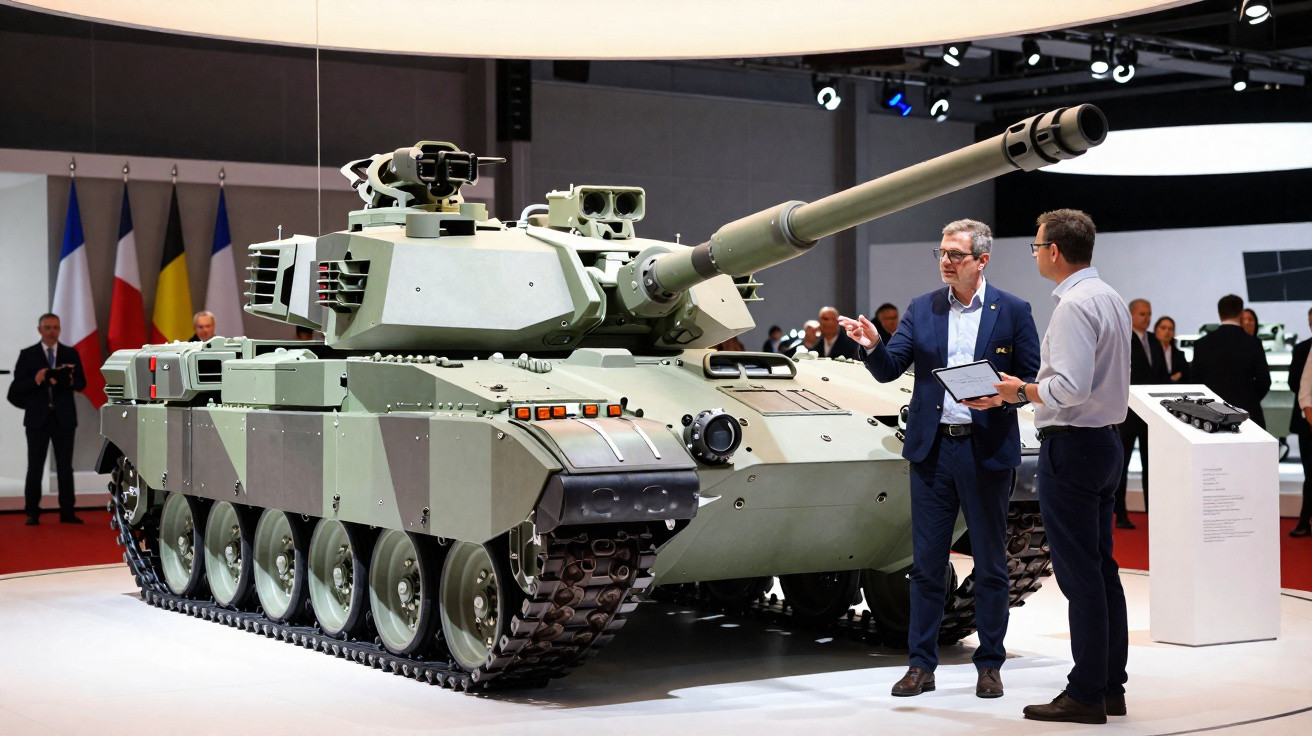 Tanque militar moderno em exposição com duas pessoas conversando ao lado em ambiente interno.