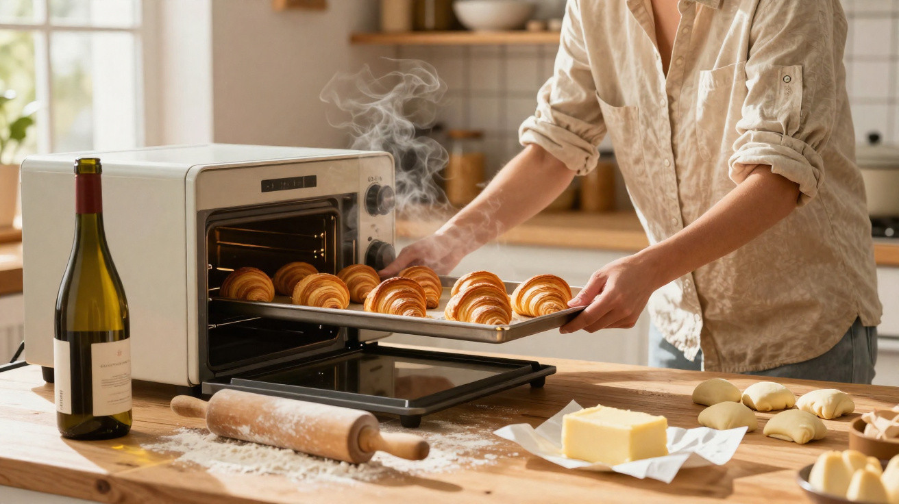 Pessoa retirando croissants quentes de forno elétrico em cozinha com mesa de madeira e ingredientes.