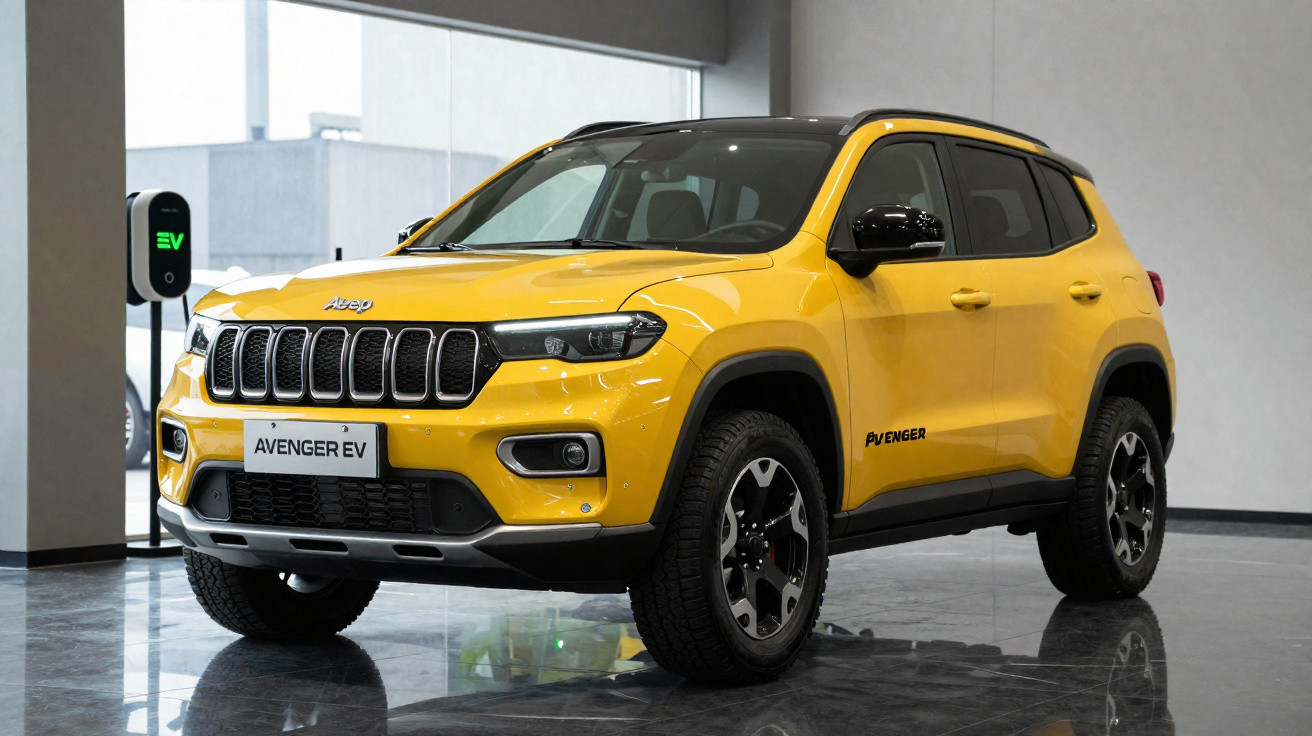 Carro SUV Jeep Avenger EV amarelo parado em showroom moderno com carregador elétrico ao fundo.