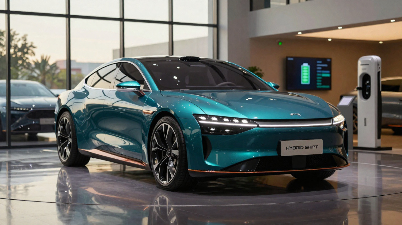 Carro elétrico verde metálico moderno estacionado em showroom com carregador ao fundo.