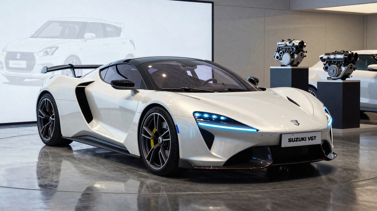 Carro esportivo Suzuki VGT branco com faróis azuis exposto em showroom moderno.