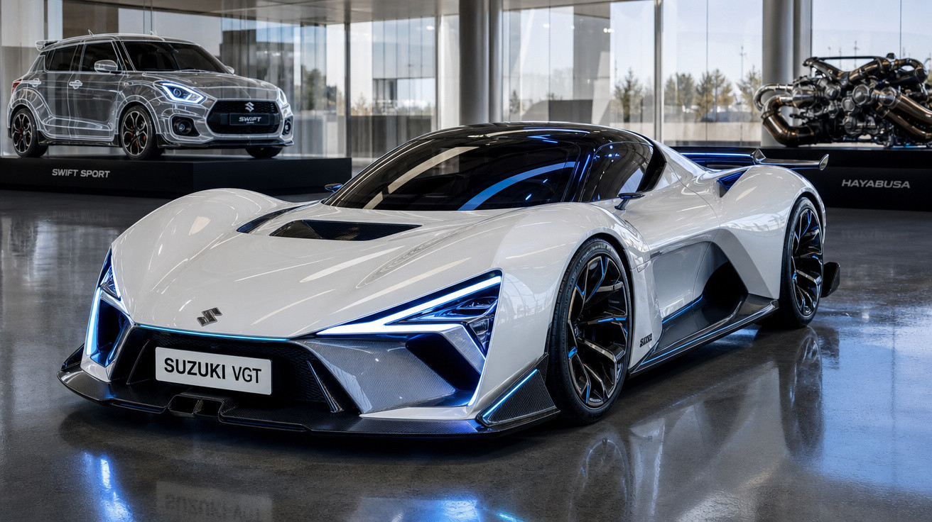 Carro esportivo branco Suzuki VGT futurista em exposição interna com iluminação moderna e reflexos no chão.