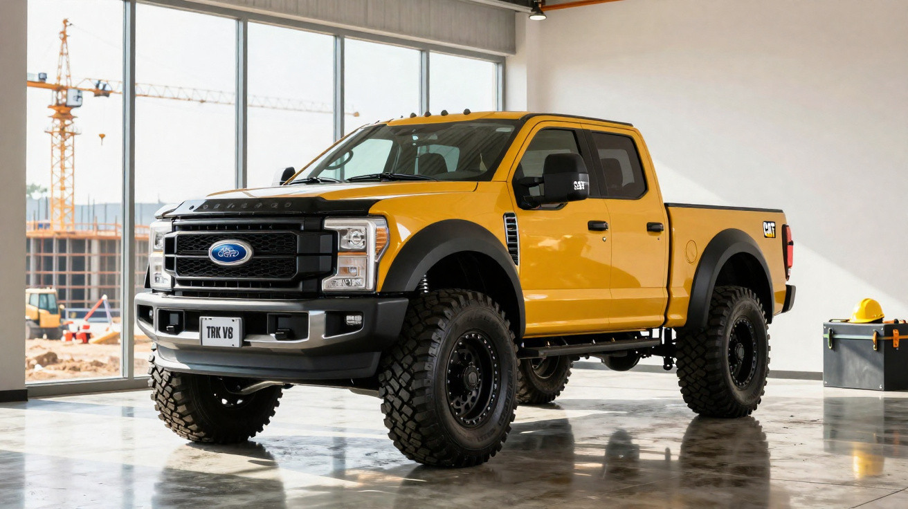 Picape amarela Ford TRK V8 em espaço interno com chão de cimento polido e janelas grandes.