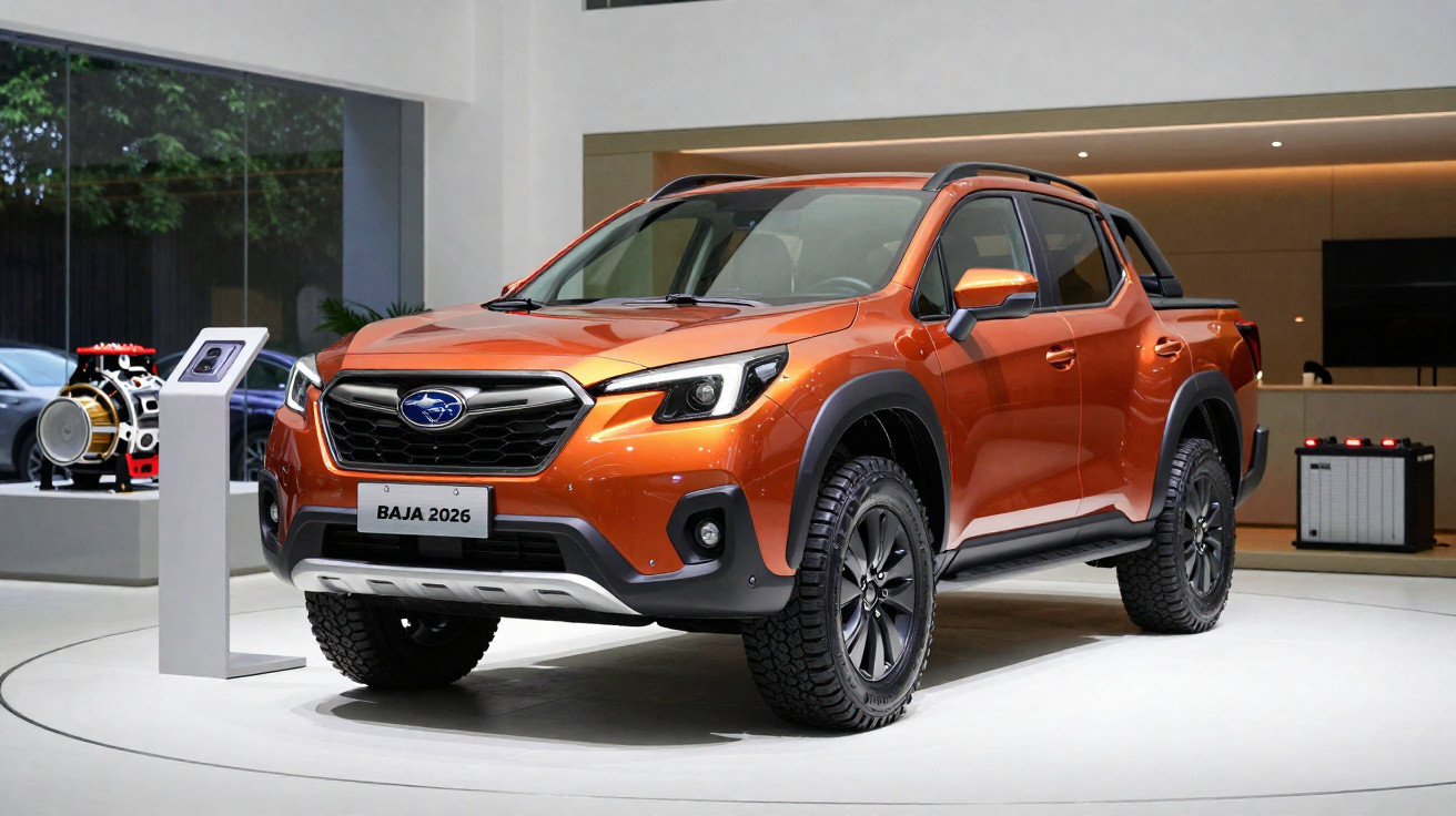 Picape Subaru Baja 2026 na cor laranja exposta em showroom moderno e iluminado.