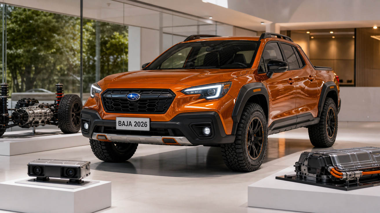 Picape Subaru Baja 2026 na cor laranja em exposição com componentes mecânicos ao lado.