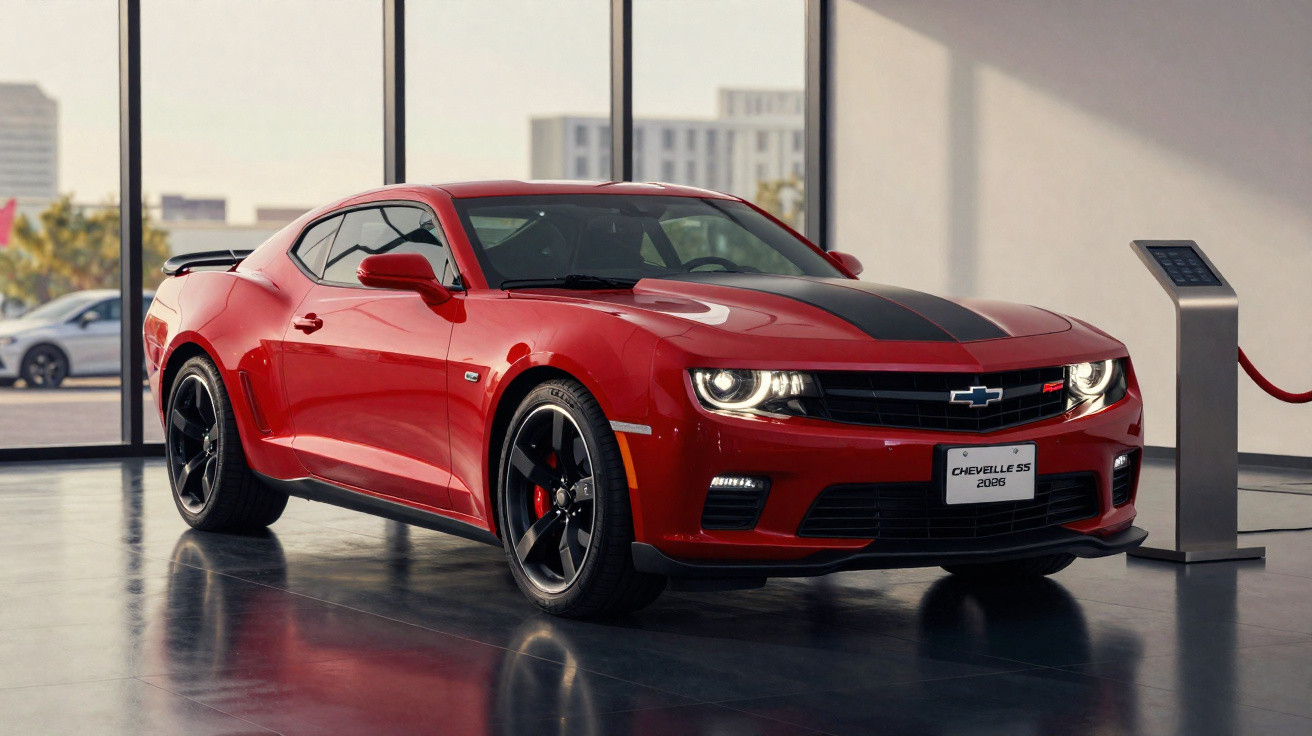 Carro Chevrolet Chevelle SS vermelho 2065 com faixa preta exposto em showroom moderno.