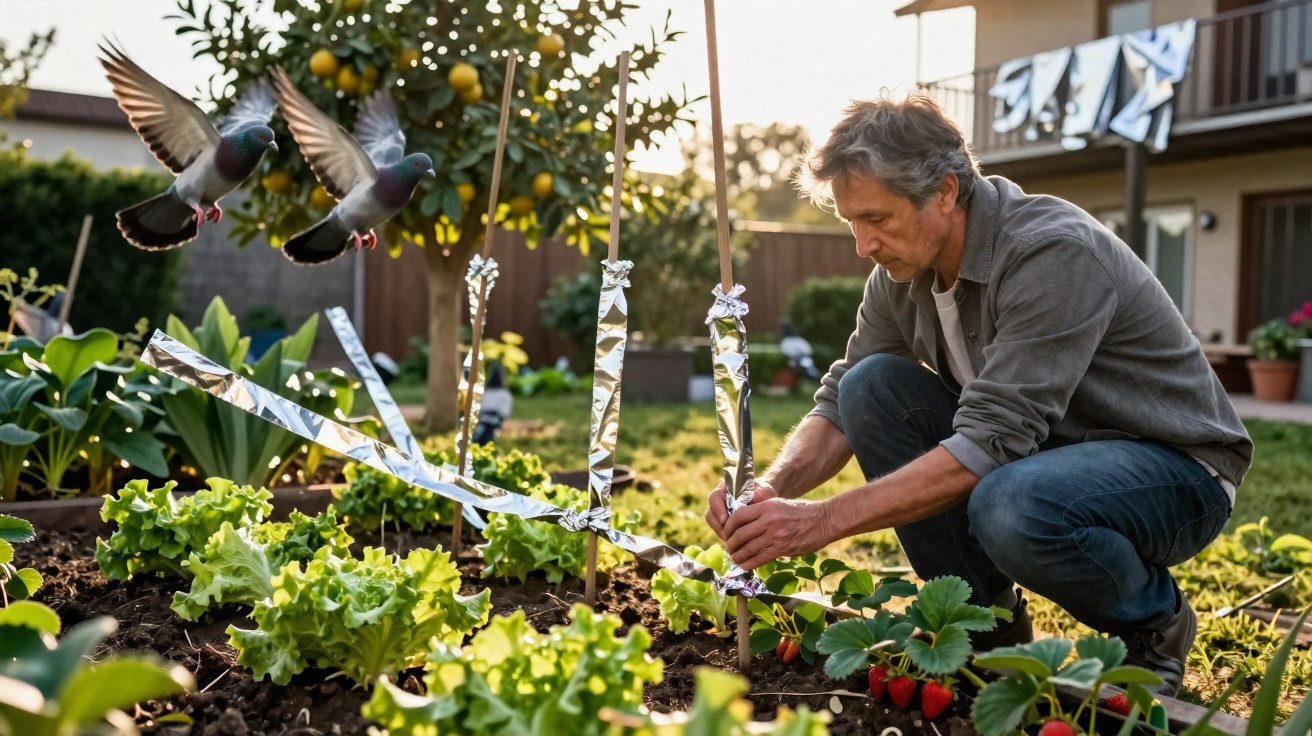 Homem cuidando de plantas em horta caseira enquanto pombos voam ao fundo em jardim ensolarado.
