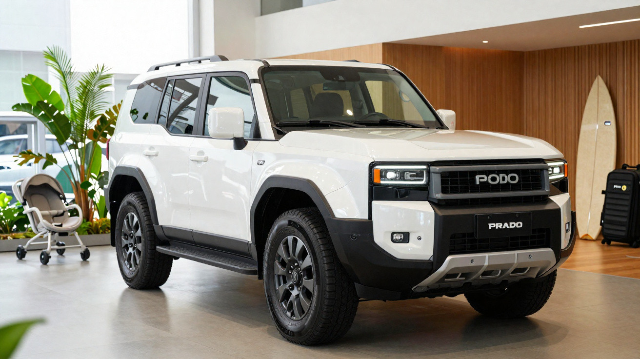 Carro SUV branco modelo Prado da marca Podo em exposição em ambiente interno moderno.