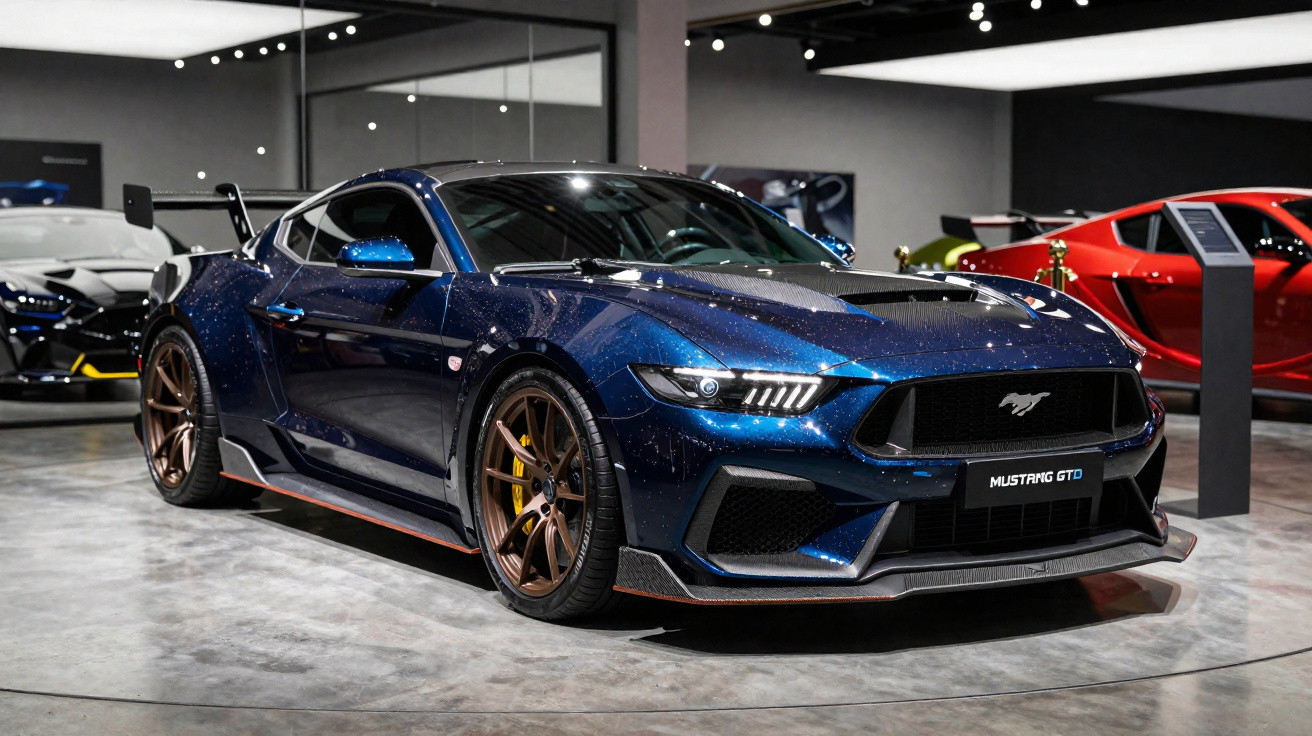 Carro esportivo azul metálico Ford Mustang GTD exibido em showroom moderno.
