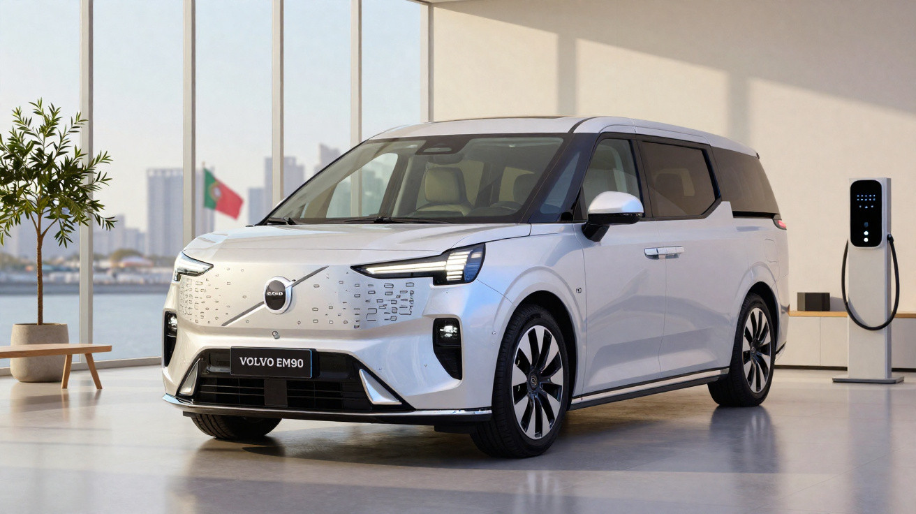 Carro elétrico Volvo EM90 branco estacionado em ambiente interno moderno com estação de recarga.