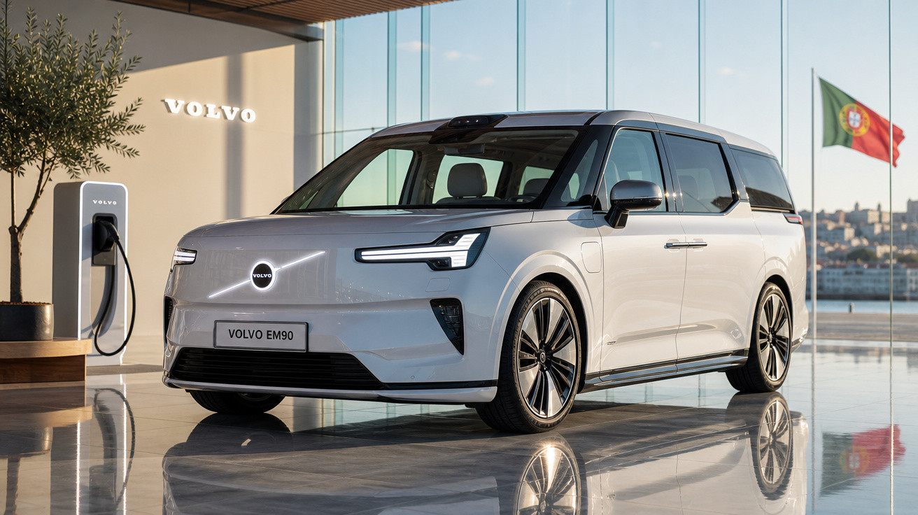 Carro elétrico Volvo EM90 branco, estacionado em showroom com recarga e bandeira de Portugal ao fundo.