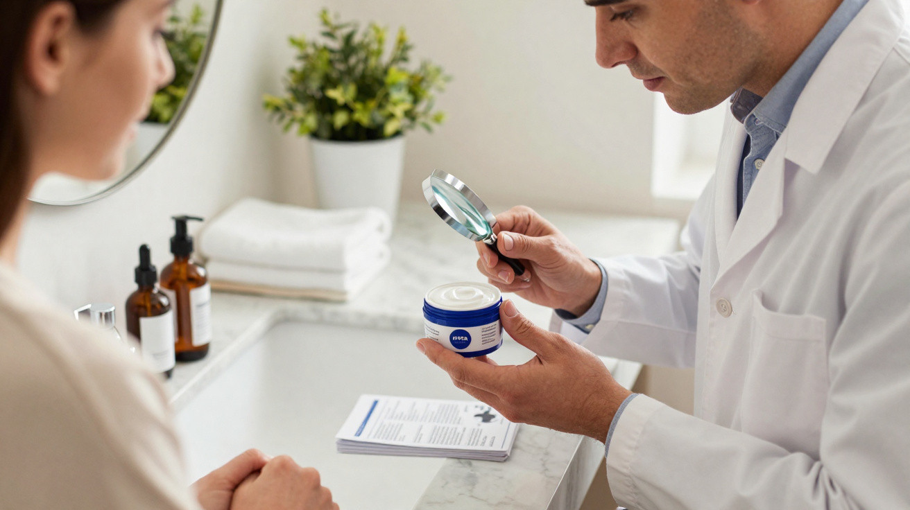 Especialista examina creme com lupa enquanto paciente observa em consultório moderno e iluminado.