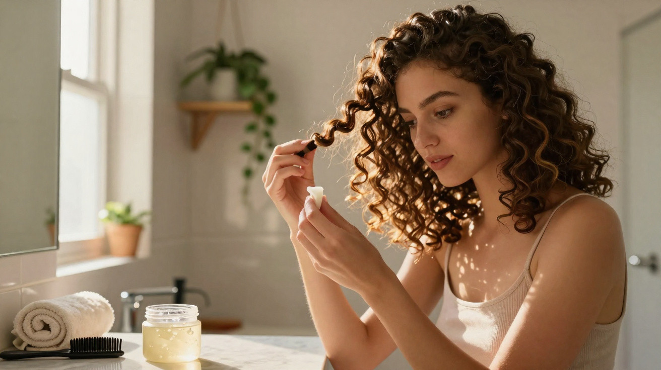 Mulher com cabelo cacheado aplicando óleo capilar no banheiro iluminado por luz natural.