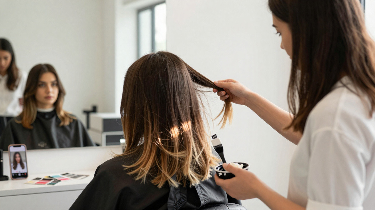 Mulher recebe aplicação de tinta no cabelo em salão moderno com espelho e celular ao fundo.