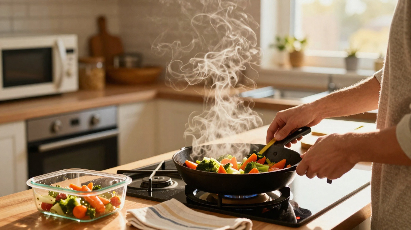 Pessoa mexendo legumes coloridos enquanto cozinha em frigideira com vapor na cozinha moderna.