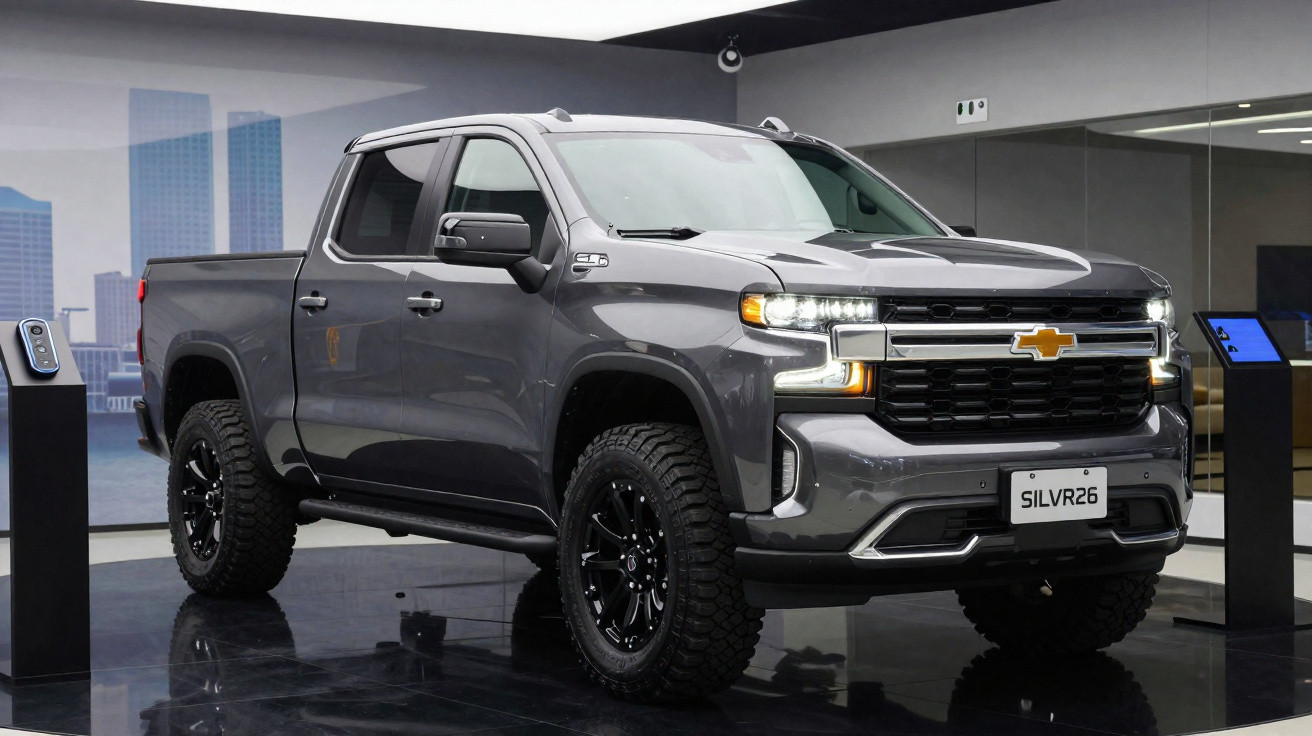 Picape Chevrolet Silverado cinza escuro em exposição com rodas pretas e faróis acesos.